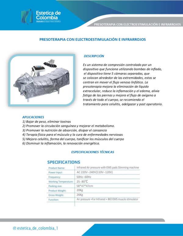 Presoterapia con Electroestimulación e Infrarrojos de Estética de Colombia